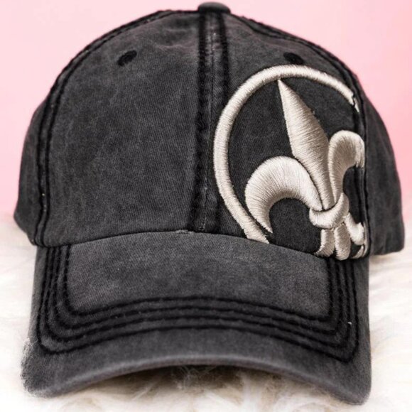 KBETHOS Black "Fleur de Lis" Embroidered Distressed Ball Cap Hat NWT - Picture 1 of 3